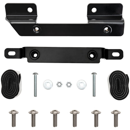 Black metal mounting bracket kit with six silver screws, washers, and nuts, and two rolls of black adhesive strap, shown on a white background.