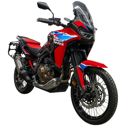 A red, black, and blue Honda CRF1140R dual-sport motorcycle with a windshield and rear luggage rack, shown from a three-quarter front angle on a white background.