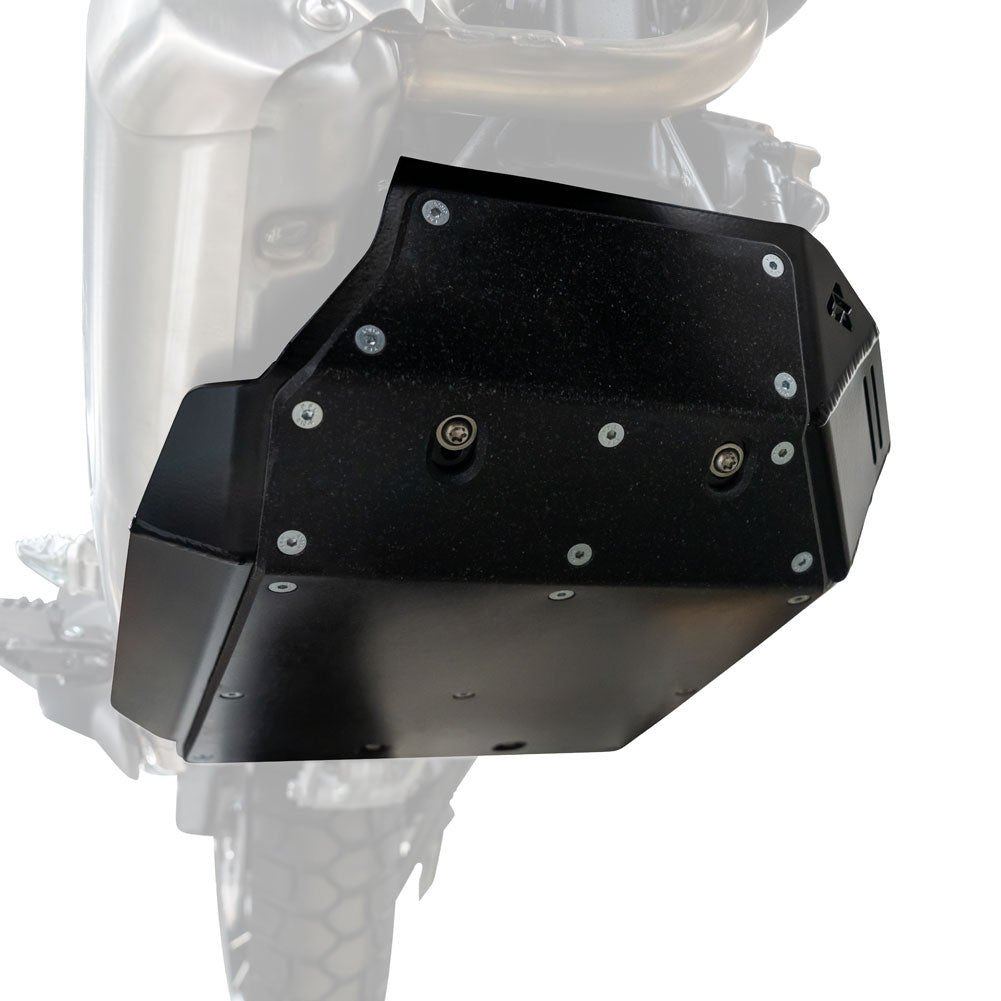 A black metal motorcycle engine guard with silver screws, shown mounted over a silver motorcycle engine against a white background.