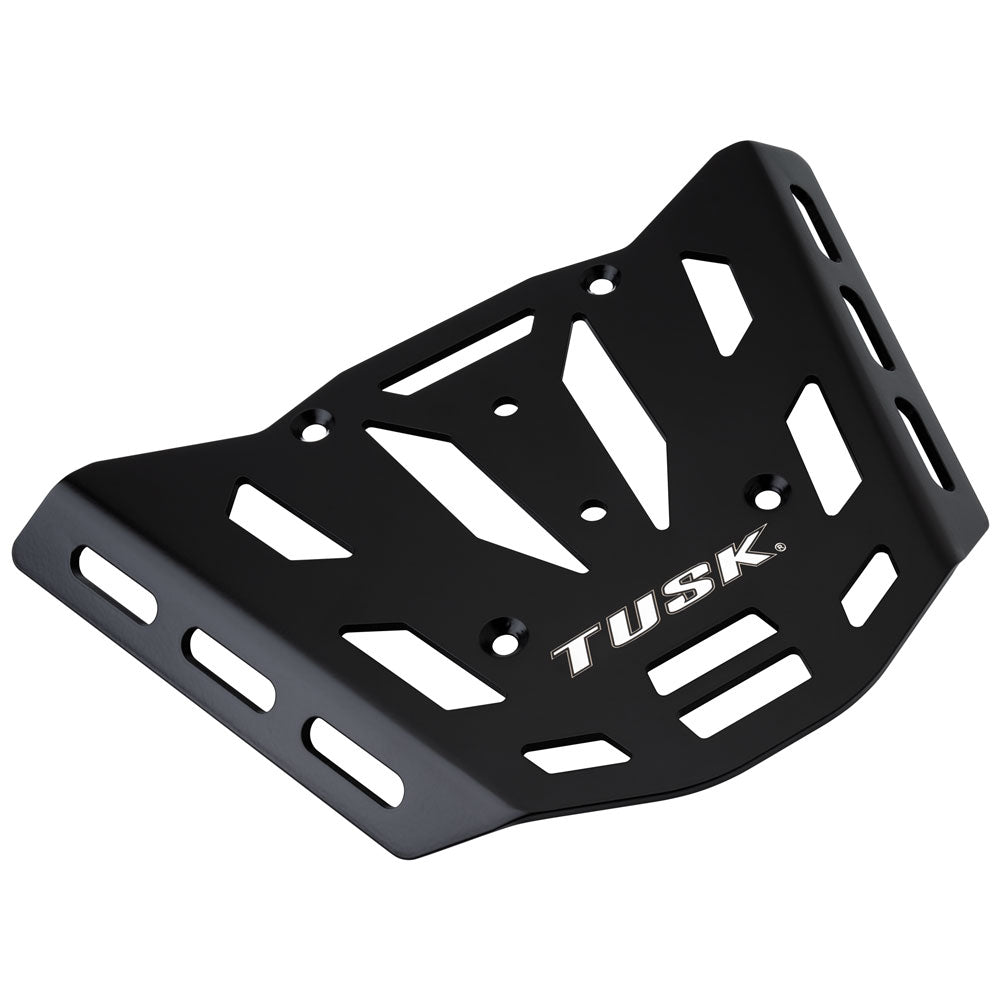 A black Tusk metal protective guard with cutouts and the TUSK logo printed in white, shown on a solid white background.