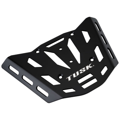 A black Tusk metal protective guard with cutouts and the TUSK logo printed in white, shown on a solid white background.