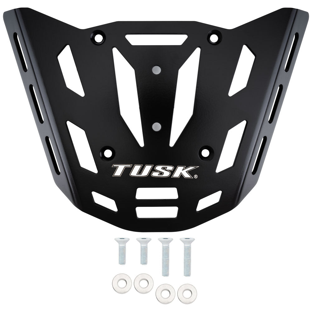 Black TUSK motorcycle tank guard with white logo, shown with six mounting screws and washers on a white background.