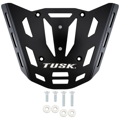 Black TUSK motorcycle tank guard with white logo, shown with six mounting screws and washers on a white background.