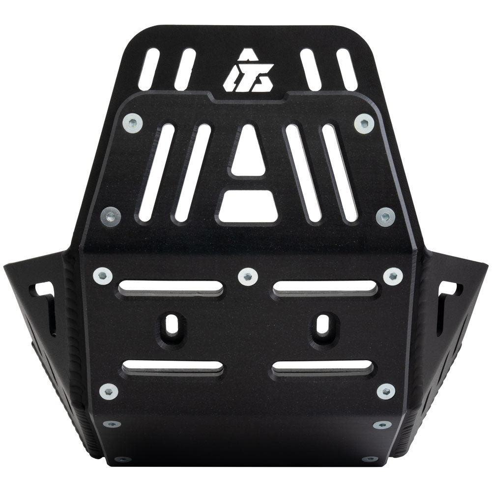 A black metal engine guard with a white stylized logo at the top, shown on a plain white background.
