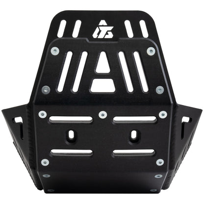 A black metal engine guard with a white stylized logo at the top, shown on a plain white background.