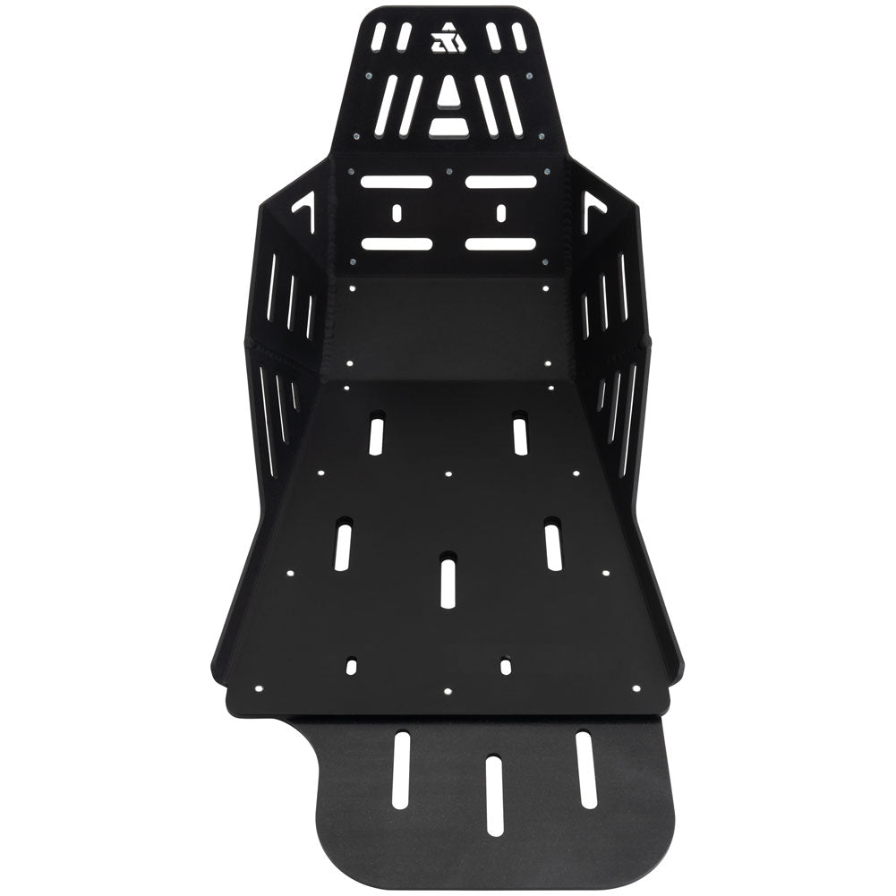 A black metal mounting rack or cargo carrier with multiple cutout slots, shown on a plain white background.