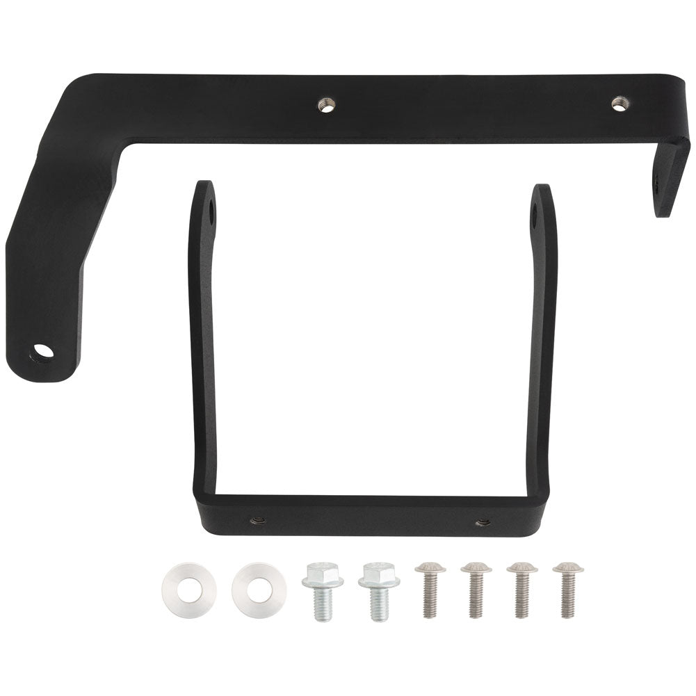 Black metal mounting bracket kit with two L-shaped brackets and six silver mounting screws, washers, and nuts on a white background.