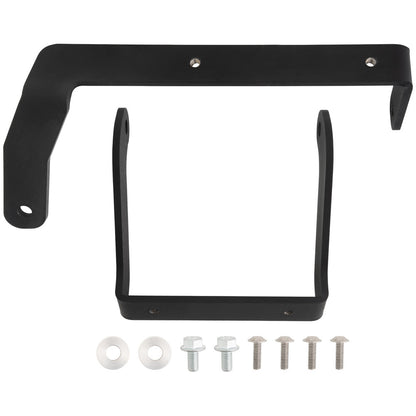 Black metal mounting bracket kit with two L-shaped brackets and six silver mounting screws, washers, and nuts on a white background.
