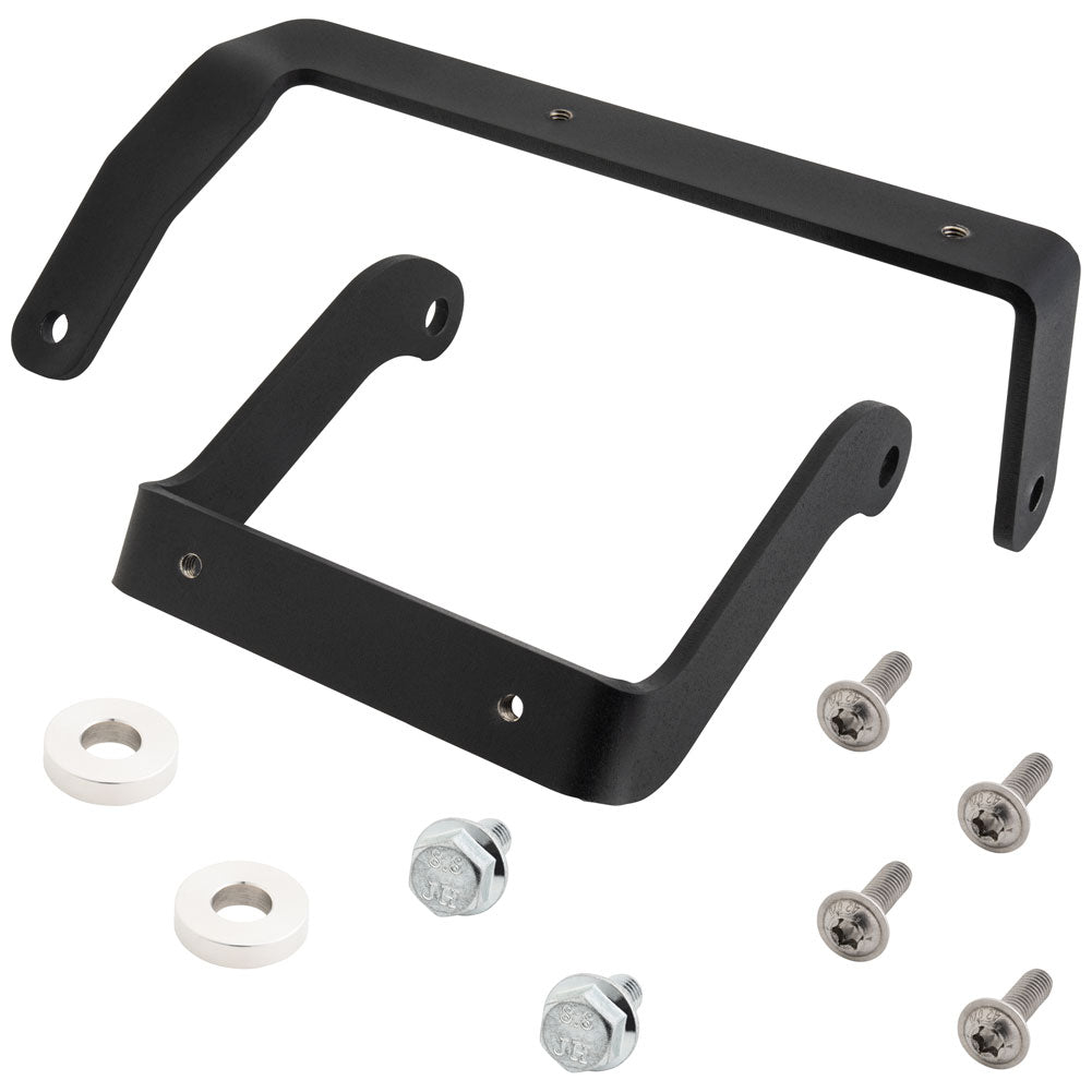 Black metal mounting bracket kit with two bracket pieces, four silver screws, and four white washers on a plain white background.