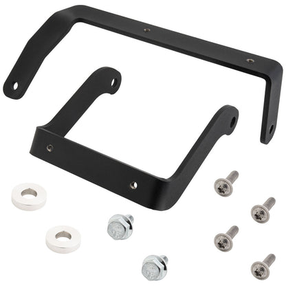 Black metal mounting bracket kit with two bracket pieces, four silver screws, and four white washers on a plain white background.