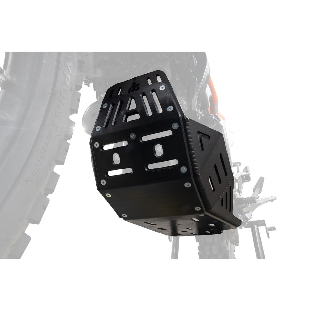 A heavy-duty black metal protective skid plate mounted on the side of an off-road vehicle, shown against a white background with a faded vehicle graphic.