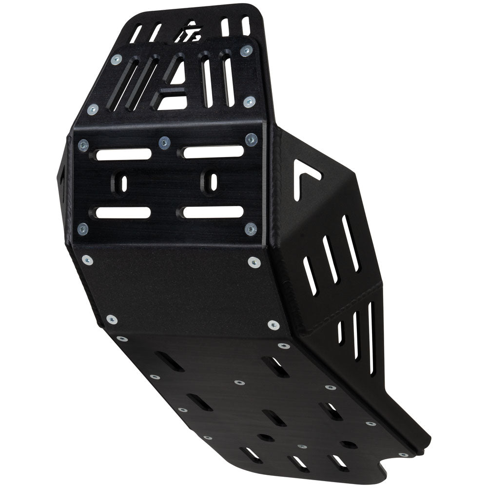 A black metal protective skid plate with mounting holes and bolt holes, shown on a solid white background.