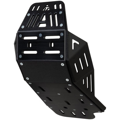 A black metal protective skid plate with mounting holes and bolt holes, shown on a solid white background.
