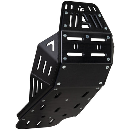 A black metal protective front bumper guard with mounting holes and silver screws, shown on a plain white background.