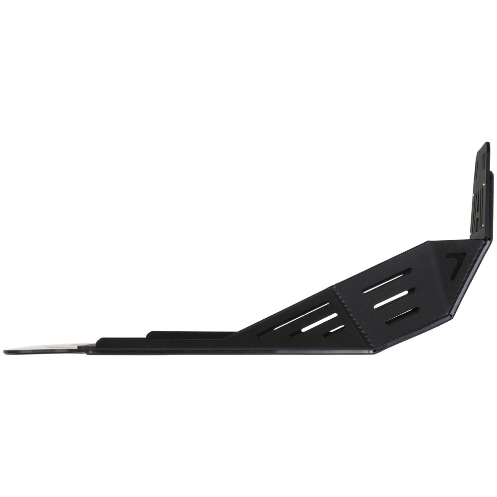 A black metal engine shroud or side panel with a slotted triangular design, shown against a plain white background.