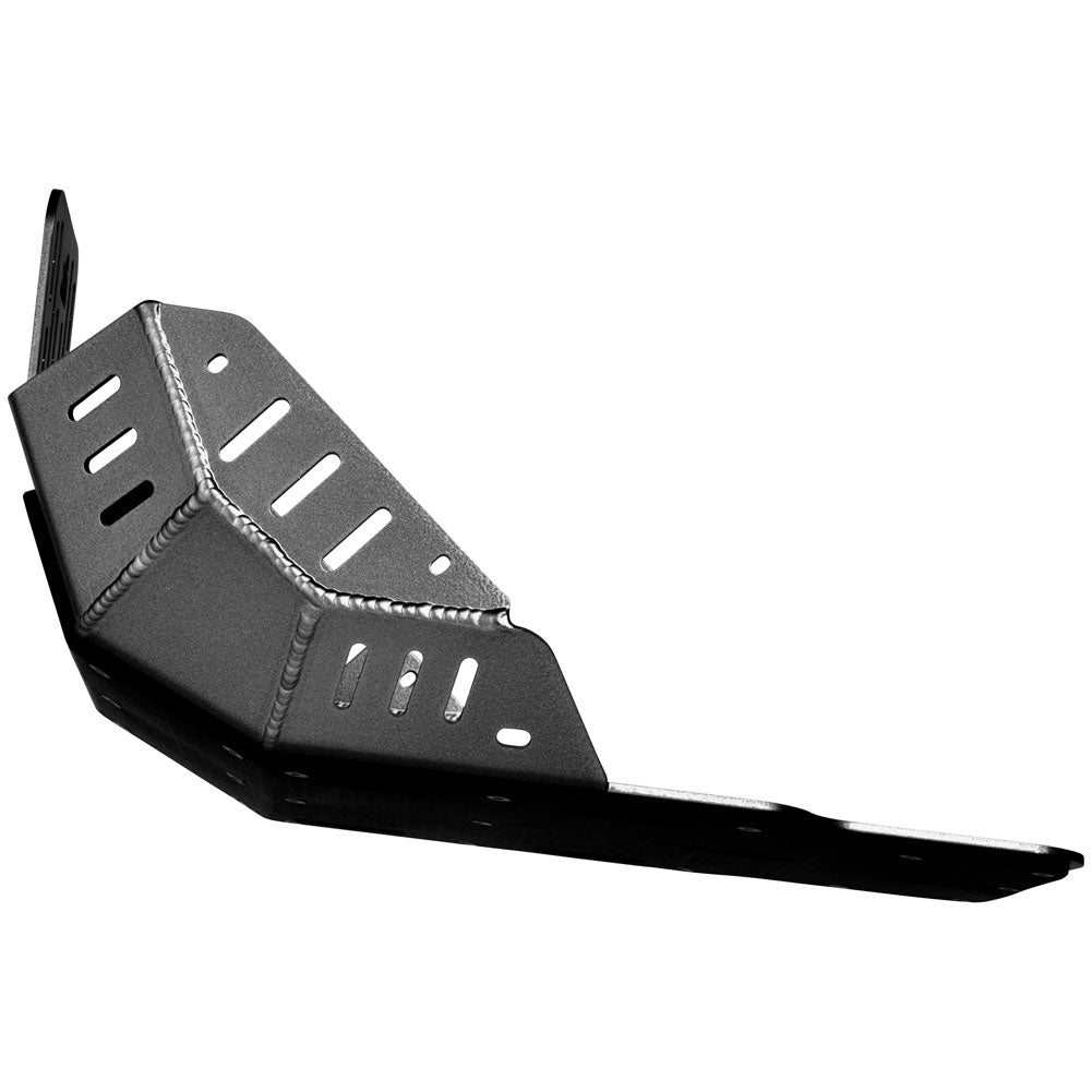Black metal front bumper guard with pre-drilled mounting holes and a welded seam, shown on a plain white background.