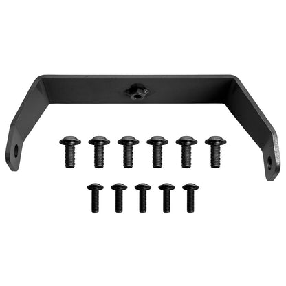 Black metal mounting bracket with eight matching black mounting bolts, shown on a plain white background.
