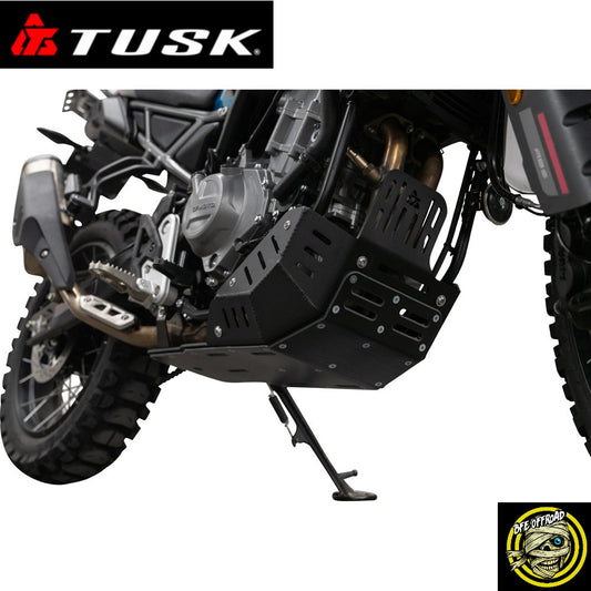 A black metal motorcycle engine guard and skid plate set shown installed on a dual-sport motorcycle, with a TUSK logo banner at the top left and a BFE Offroad logo at the bottom right.