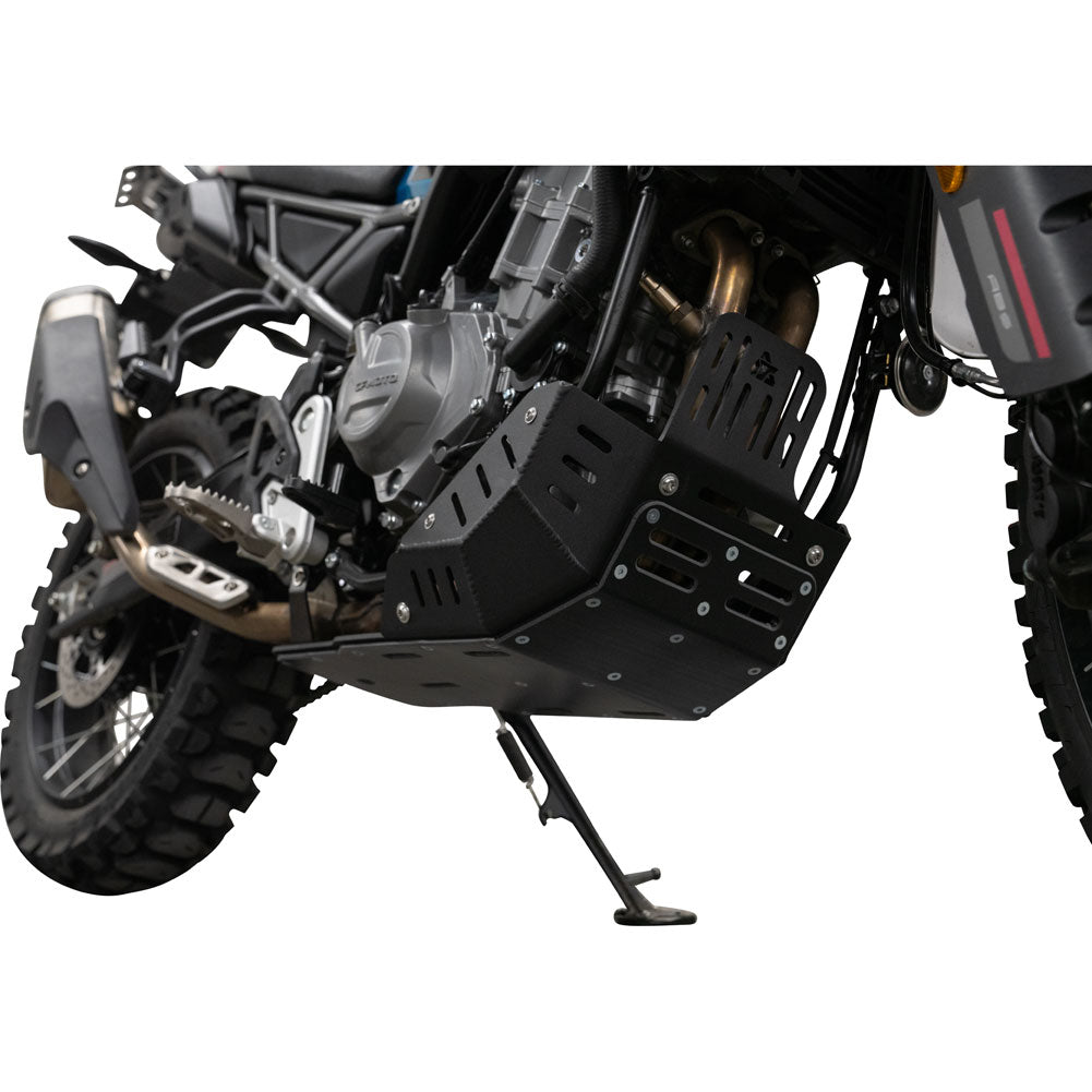 A black metal motorcycle engine guard and skid plate installed on a dual-sport motorcycle, shown from a side-rear angle against a white background.