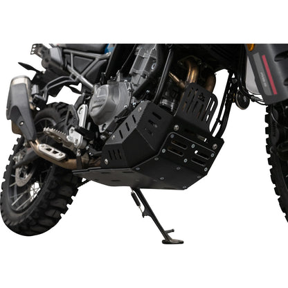 A black metal motorcycle engine guard and skid plate installed on a dual-sport motorcycle, shown from a side-rear angle against a white background.