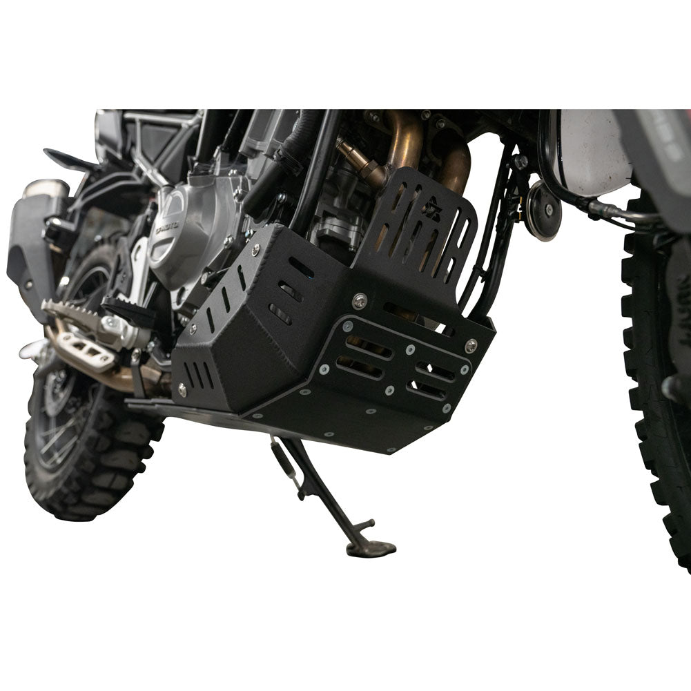 Black metal motorcycle engine guard and skid plate mounted on a dirt bike, shown from a side angle against a white background.