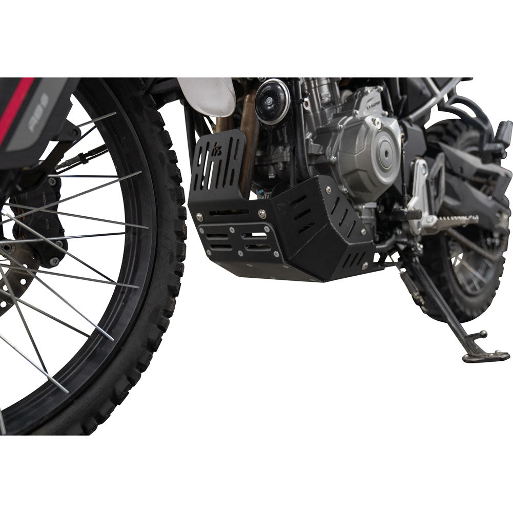 A black metal engine guard and skid plate installed on a motorcycle, shown in a close-up side view against a white background.