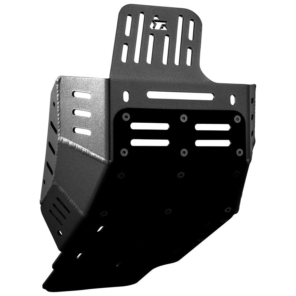 Black metal engine shroud protector with mounting brackets and ventilation slots, shown on a plain white background.