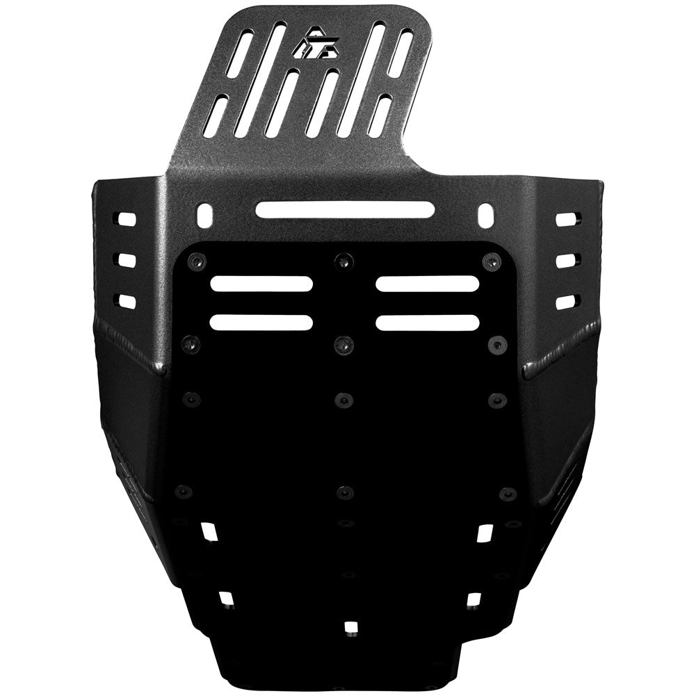Black metal front bumper guard with mounting holes and a slotted top section, shown on a plain white background.
