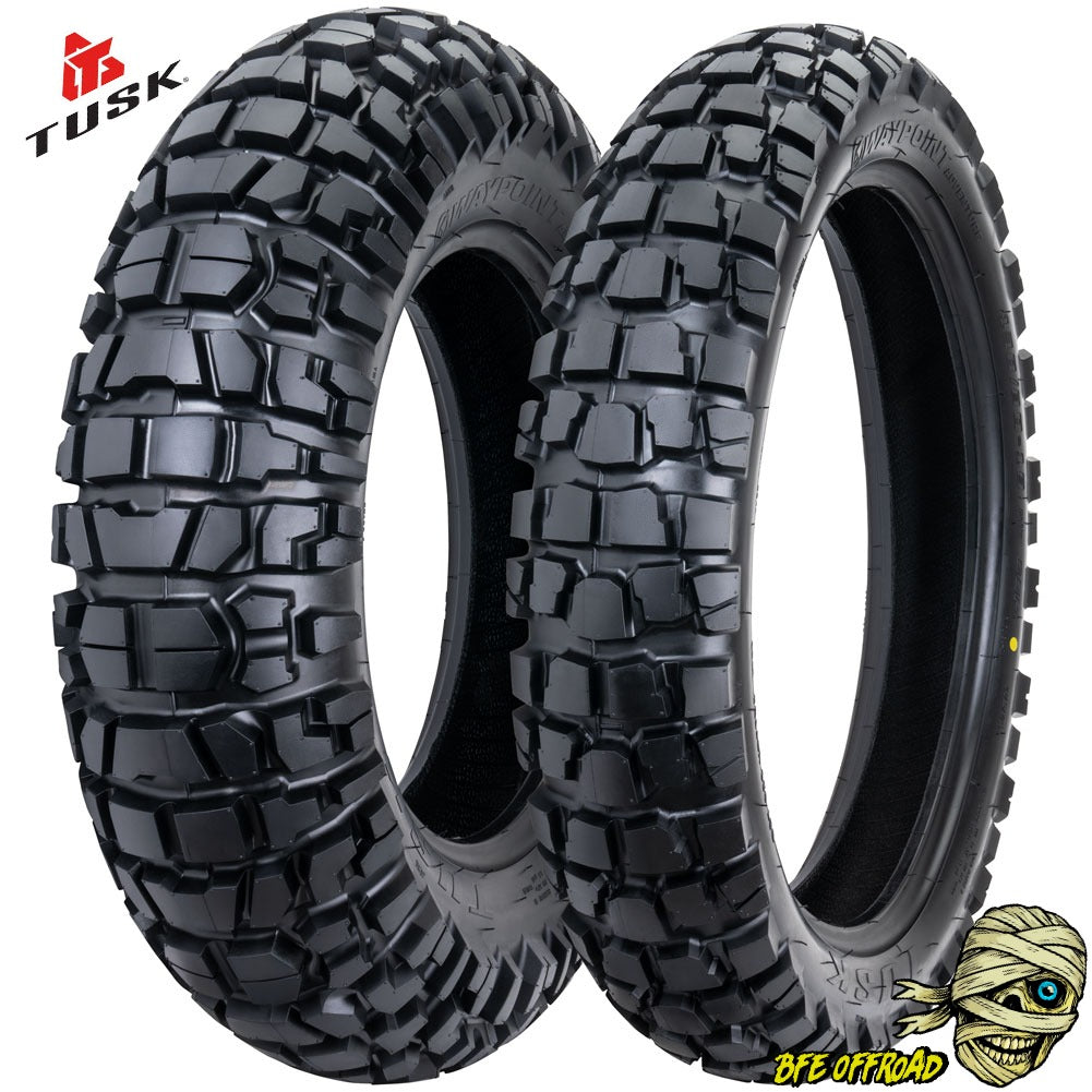 Two black Tusk MTX4 off-road motorcycle tires shown on a white background, with Tusk branding in the top-left corner and a BFE Offroad mascot graphic in the bottom-right.