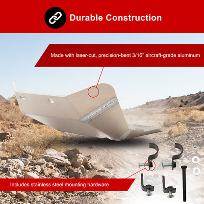 An aluminum aircraft-grade panel shown in a desert outdoor setting with text overlays highlighting its durable construction, laser-cut precision, and included stainless steel mounting hardware.