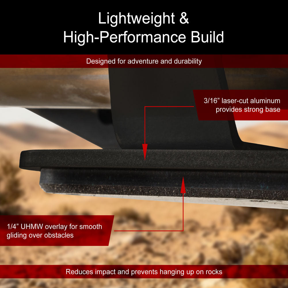 Close-up product graphic showing the underside of a black outdoor gear item with overlaid marketing text and arrows explaining features: lightweight high-performance build, 3/16" laser-cut aluminum base, and 1/4" UHMW overlay.