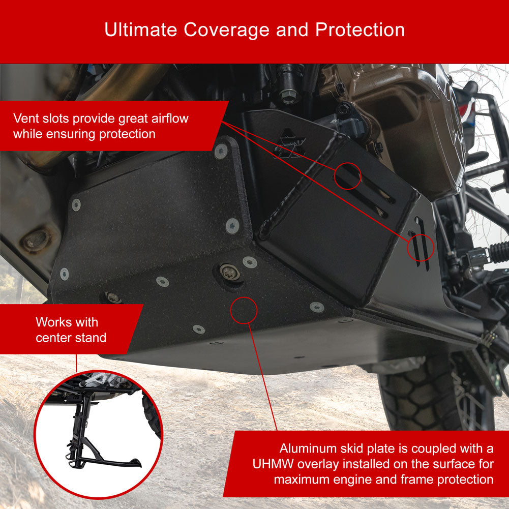 Black aluminum skid plate mounted under a motorcycle, with red text callouts explaining airflow, center stand compatibility, and engine/frame protection. Includes a small inset showing the skid plate coupled with a UHMW overlay and center stand.
