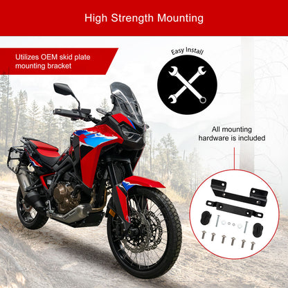 Red and blue motorcycle skid plate mounting bracket kit shown with a motorcycle on a blurred road background, plus text reading 'High Strength Mounting,' 'Utilizes OEM skid plate mounting bracket,' 'Easy Install,' and an inset showing included hardware.