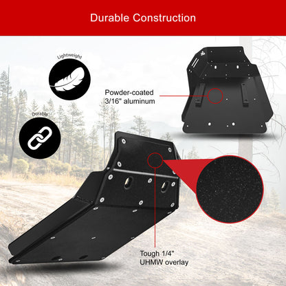 Black powder-coated aluminum underbody shield with UHMW overlay, shown on a blurred forest road background with feature callouts including 'Durable Construction', 'Lightweight', and 'Powder-coated 3/16" aluminum'.