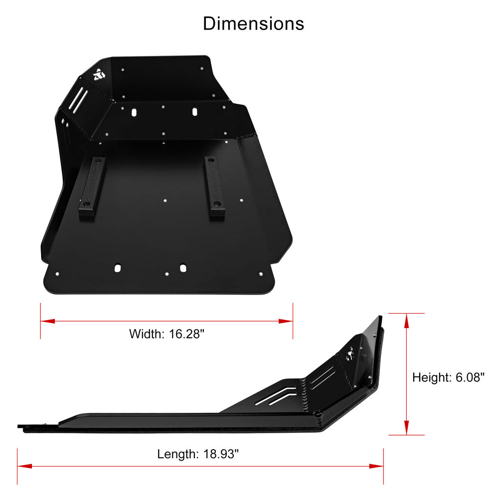 Black metal undercarriage skid plate shown with dimension annotations, including width 16.28 inches, length 18.
