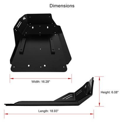Black metal undercarriage skid plate shown with dimension annotations, including width 16.28 inches, length 18.