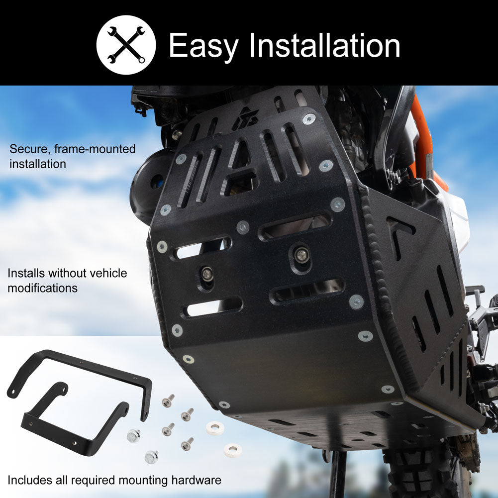Black metal front bumper guard for a dirt bike, shown mounted on a vehicle with text overlays highlighting easy installation and included mounting hardware.