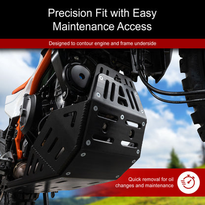 A black metal protective engine guard mounted on an off-road motorcycle, shown with promotional text overlays highlighting easy maintenance access.
