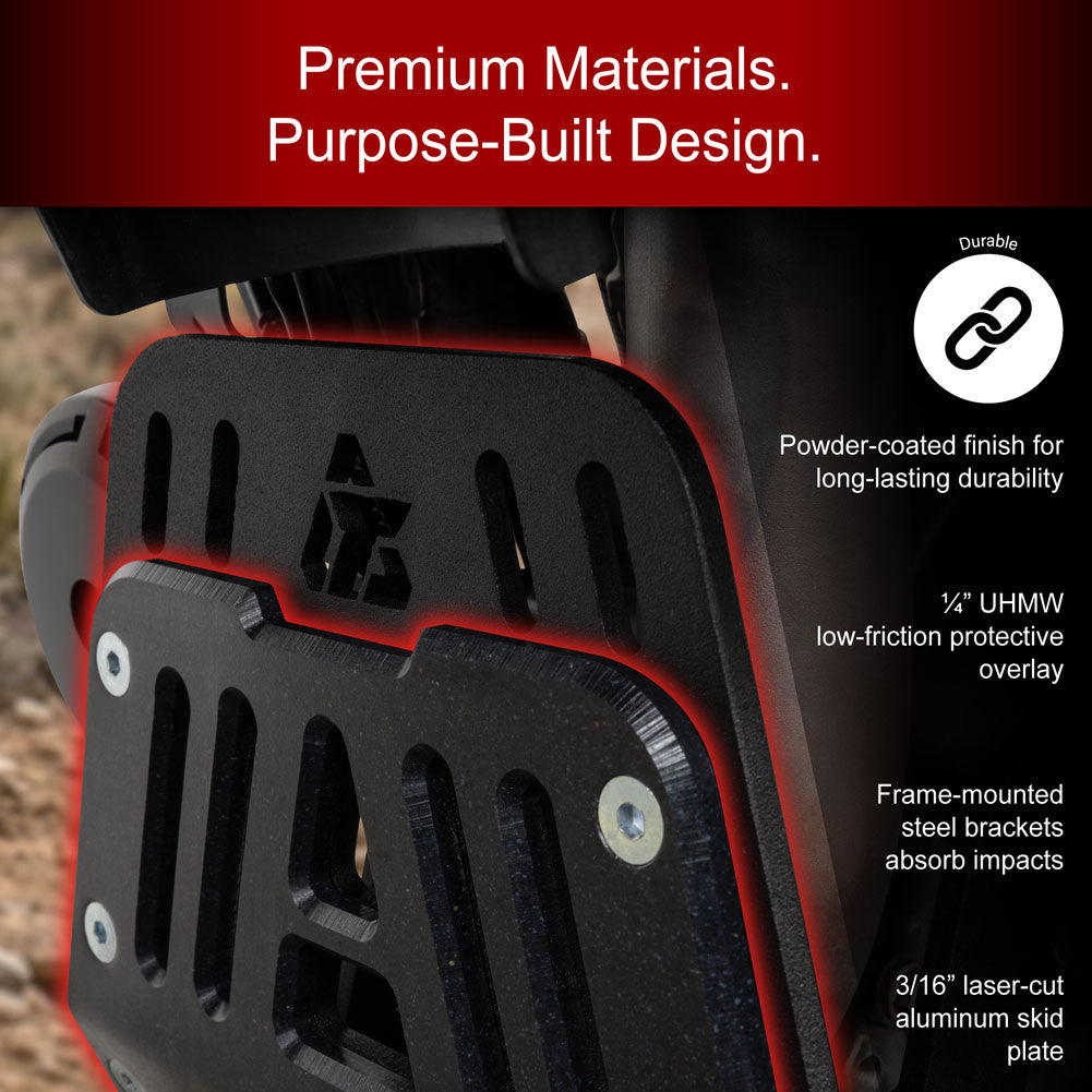 Close-up of a black heavy-duty metal skid plate with red trim and a cutout logo, shown with marketing text on a dark background.