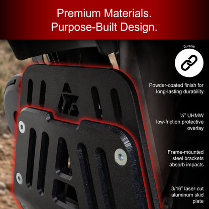 Close-up of a black heavy-duty metal skid plate with red trim and a cutout logo, shown with marketing text on a dark background.