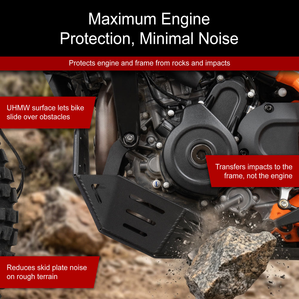 Black metal engine protection guard shown installed on an off-road motorcycle, with rocks and dirt in the background and promotional text overlays describing impact protection and noise reduction.