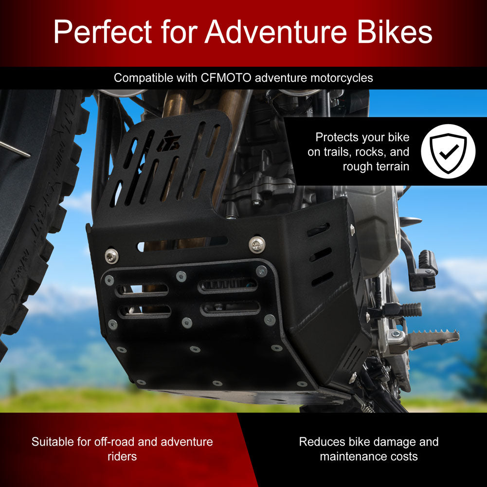 Black metal crash bar guard designed for CFMOTO adventure motorcycles, shown installed on the rear section of a motorcycle with a blurred outdoor background. The graphic includes text overlays highlighting its compatibility and protective features.