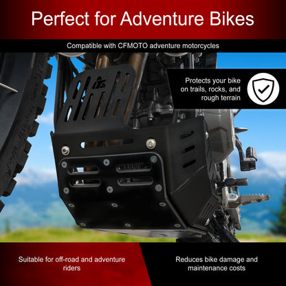 Black metal crash bar guard designed for CFMOTO adventure motorcycles, shown installed on the rear section of a motorcycle with a blurred outdoor background. The graphic includes text overlays highlighting its compatibility and protective features.