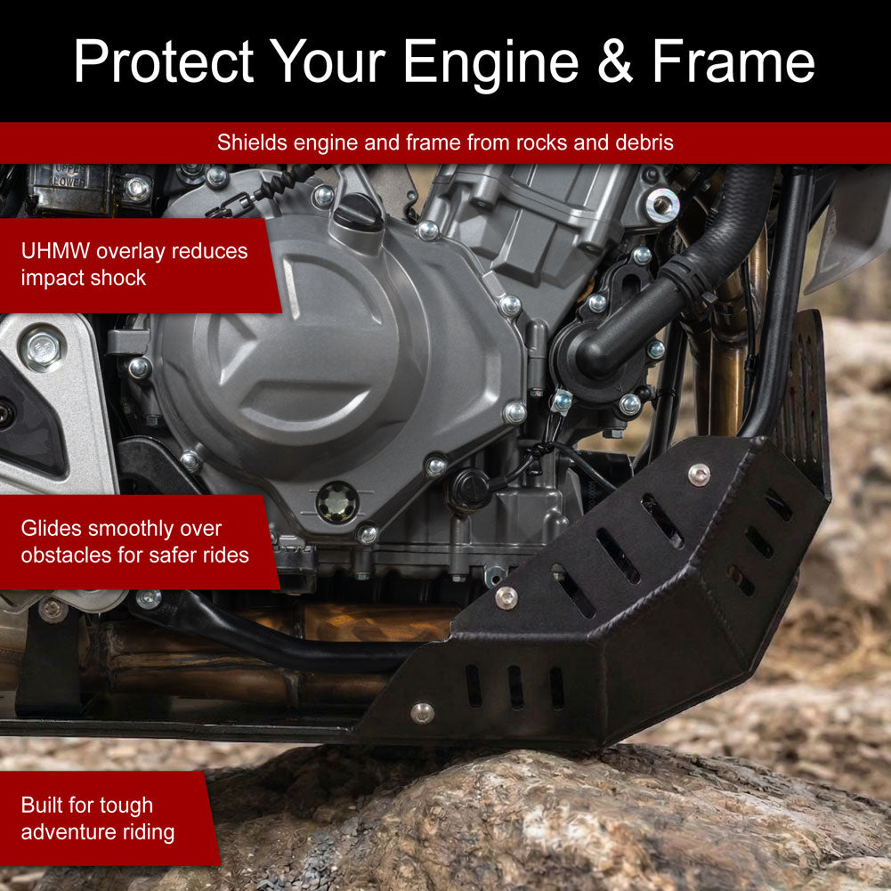 Black metal engine and frame protector guard shown mounted over a motorcycle engine, with overlaid marketing text highlighting impact protection and off-road use.