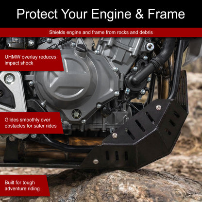 Black metal engine and frame protector guard shown mounted over a motorcycle engine, with overlaid marketing text highlighting impact protection and off-road use.