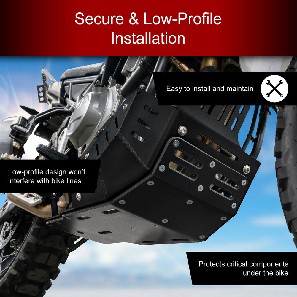 Black low-profile motorcycle ground shield shown installed under a motorcycle, with promotional text overlays highlighting secure installation, easy maintenance, and protection of critical components.