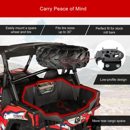 A black spare tire carrier mount shown mounted on the rear of a red and black UTV, with marketing text and callout graphics explaining features like low-profile design and fitment for stock roll bars.