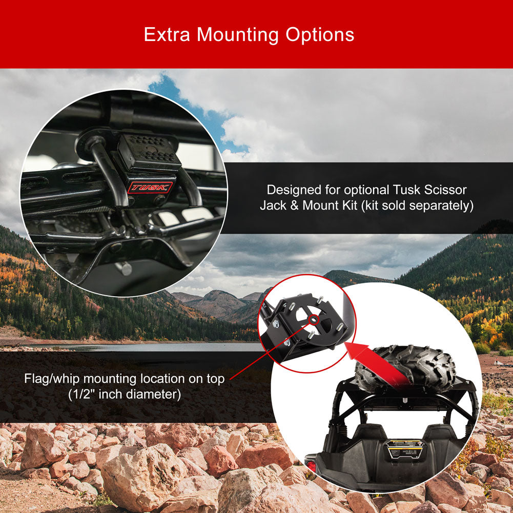 Promotional graphic for a Tusk Scissor Jack & Mount Kit, showing two circular inset close-ups of the black metal mounting hardware installed on a vehicle and on a roof rack, with text explaining extra mounting options and a mountain lake background.