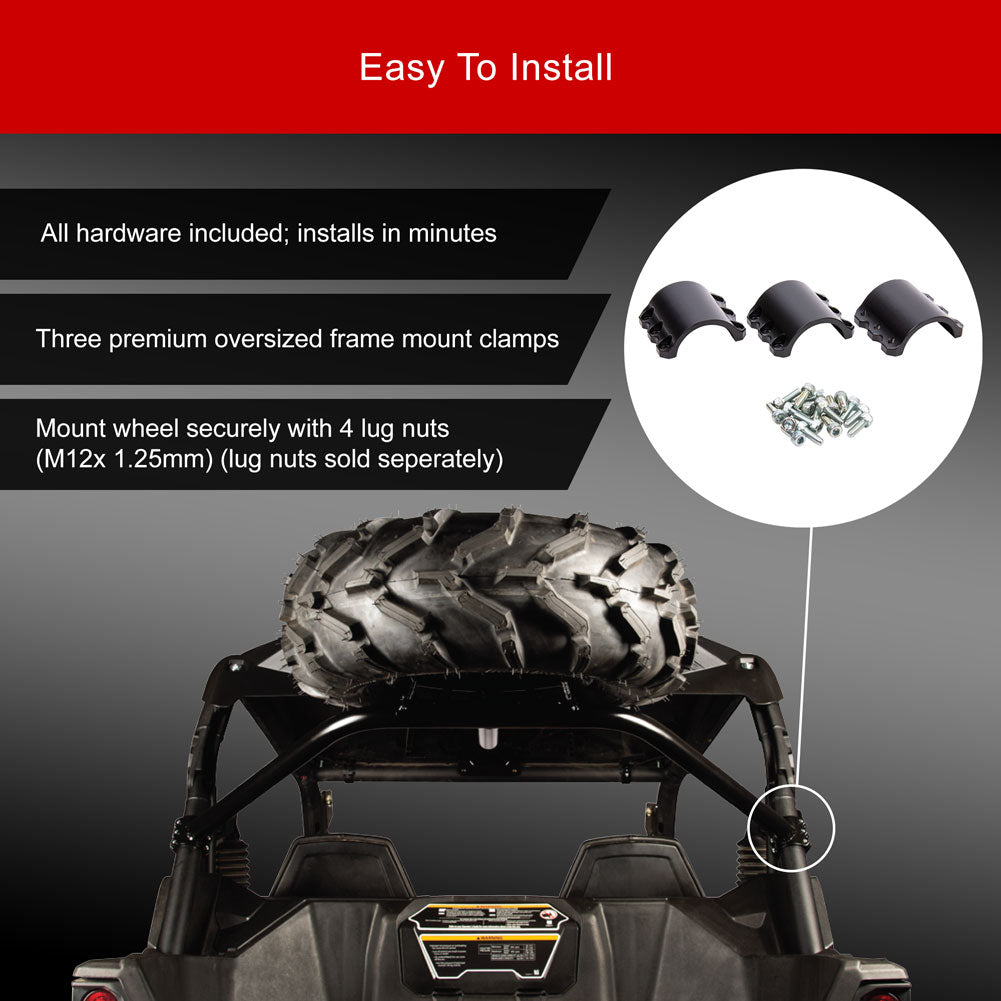 Installable frame mount clamps shown with a tire mounted on a vehicle roof rack, plus text stating 'Easy To Install' and a circular inset showing the included clamps and hardware.