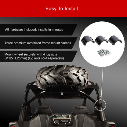 Installable frame mount clamps shown with a tire mounted on a vehicle roof rack, plus text stating 'Easy To Install' and a circular inset showing the included clamps and hardware.